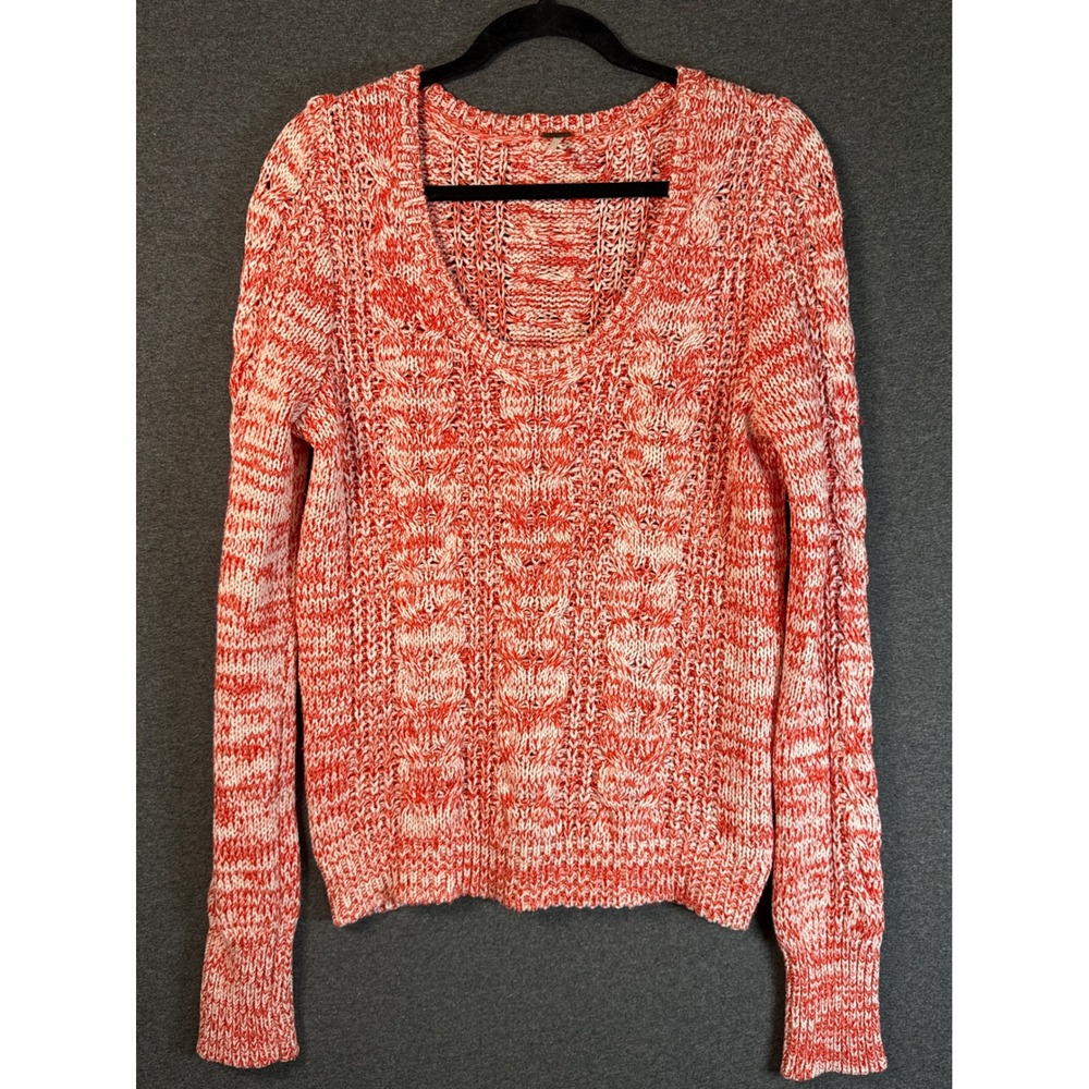Free People Orange White Marled Cable Knit Scoop Neck Sweater Large boho Beachy